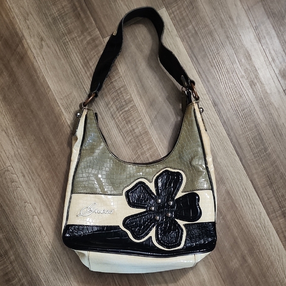 Guess Handbags - Guess Y2K Black Cream Floral Croc Embossed Shoulder Bag Grunge Purse
